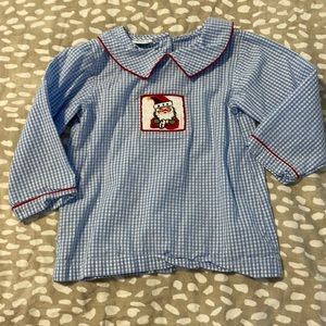 Collar gingham Santa smocked shirt 3T button back